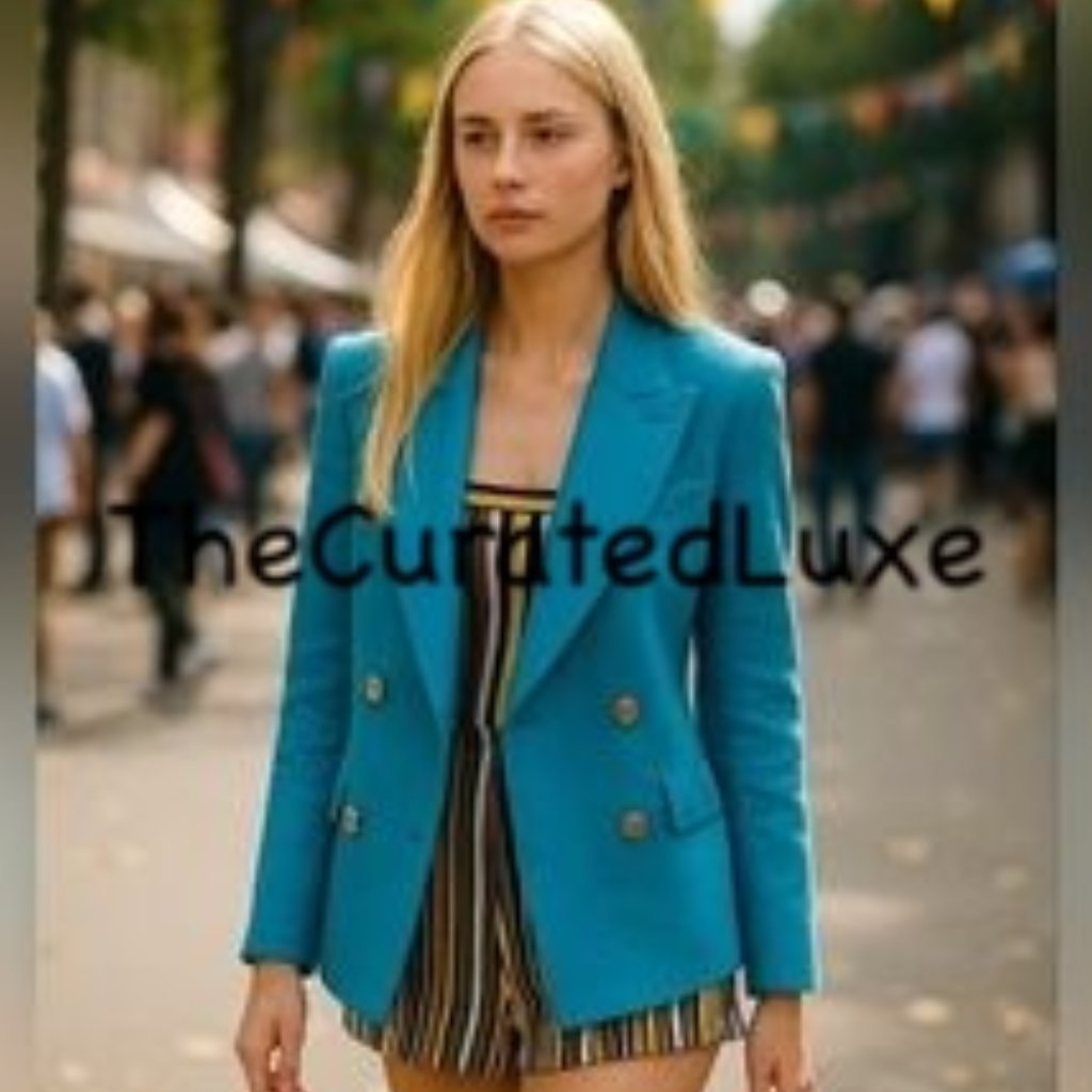 Nwt Zara Tweed Like Textured Turqouise Blue Double Breasted Blazer Xs